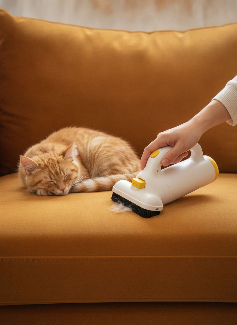 A person's hand uses a pet hair remover on a velvet sofa, with a calm cat sleeping nearby.