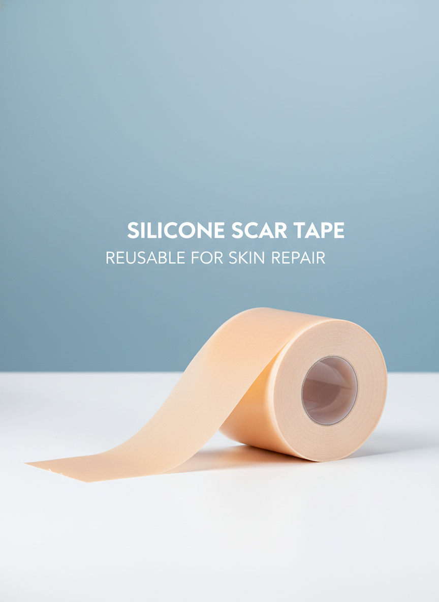 Reusable Silicone Scar Tape for Skin Repair, unrolled on a bright white surface with a slate blue and sky blue background.