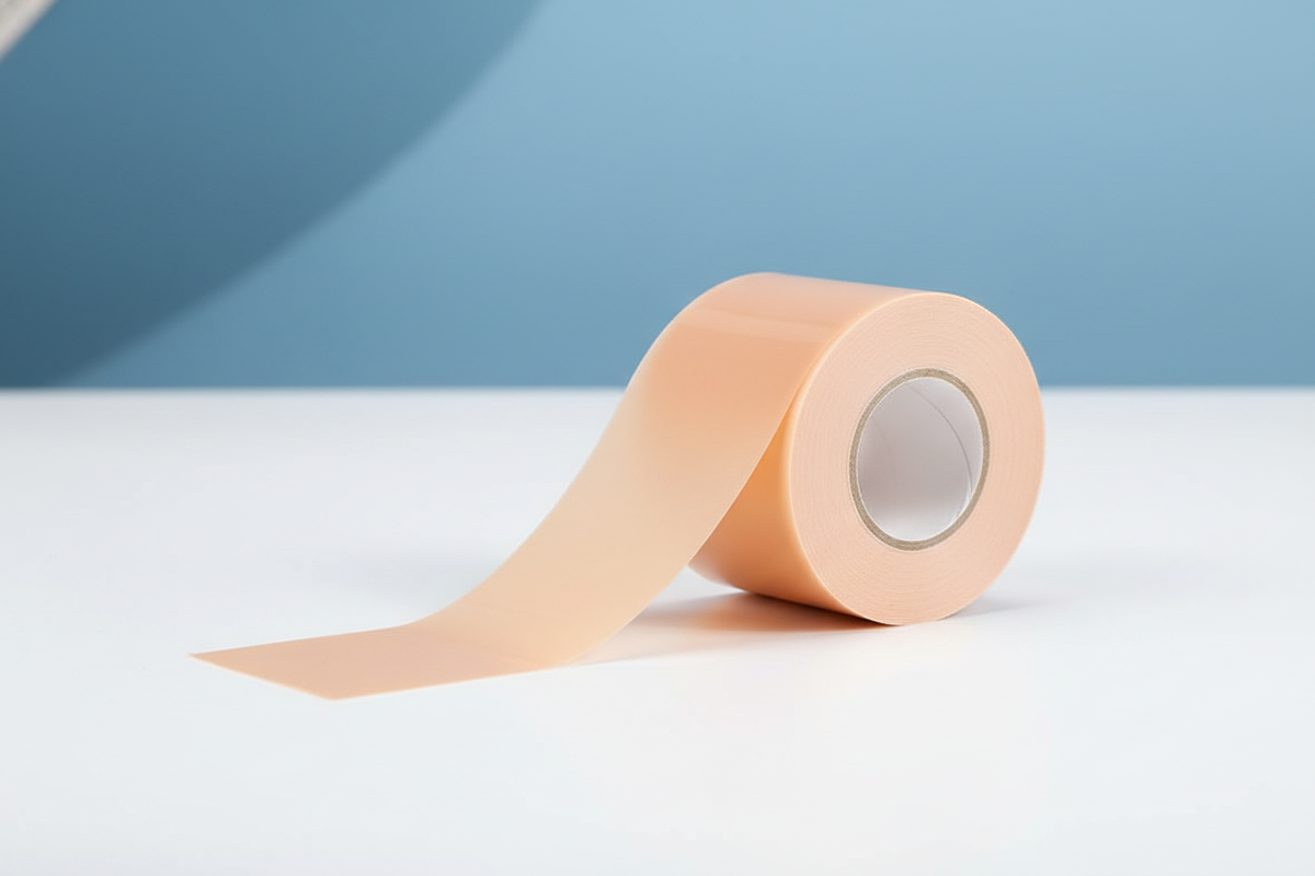 Close-up of a roll of flesh-toned silicone scar tape, slightly unrolled, on a white surface with soft blue background accents